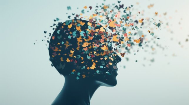 A creative silhouette of a head composed of colorful particles, symbolizing thought, imagination, and mental exploration.