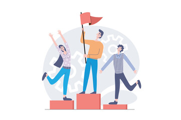 Leadership concept in modern flat design for web. Businesswoman and businessman getting win and flag top reward, celebrating competition victory with best places at pedestal. Vector illustration.