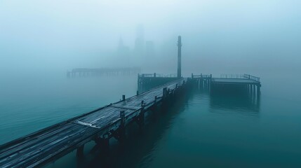 Fototapeta premium Eerie mist shrouds an abandoned pier extending into still waters, merging with distant structures in a foggy, tranquil seascape.