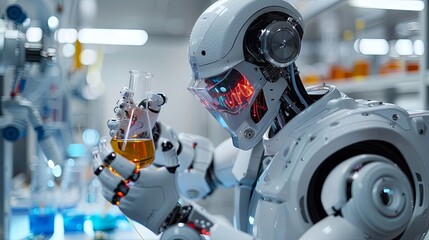 Fototapeta premium A cyborg chemist robot holds a flask with colorful liquid under a laboratory table in a white lab setting