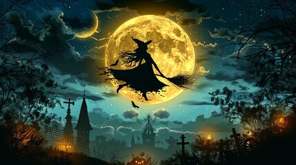 A silhouette of a young witch flying on a broomstick against the backdrop of a full moon, with a castle  below