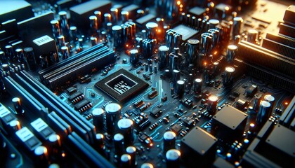 High-Definition Close-Up of a Circuit Board with Glowing Components