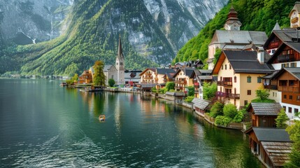 Naklejka premium Picturesque Village by the Lake with Mountain Views