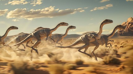 Fototapeta premium A group of Gallimimus running in unison across an expansive desert landscape.