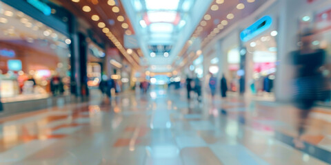 The blurred background of the hall of a shopping center, mall, store. The unfocused interior of a modern modern hall with lights and storefronts