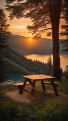 natural background of lake and mountain at sunrise, a picnic table and coolers installed near a lake