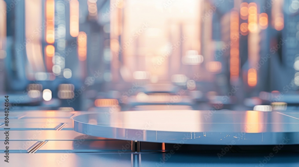 Aufkleber a circular platform stands out in front of a blurred cityscape, lit by a warm glow.