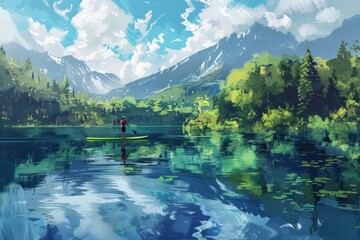 Man stand-up paddling on tranquil lake, mountain and forest against blue sky with clouds in the background. Digital painting style.