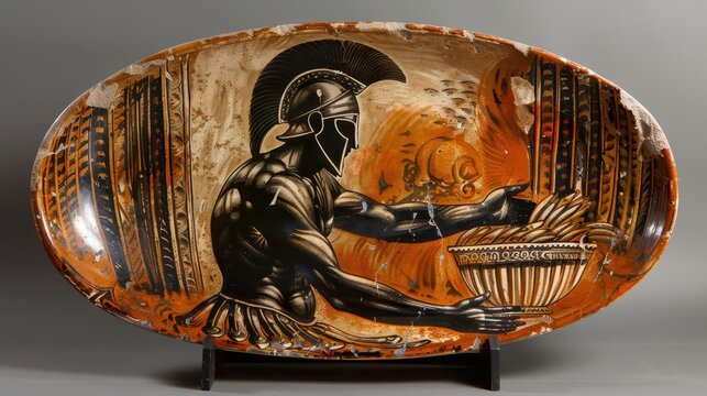 Ancient Greek ceramic plate featuring a warrior in armor, showcasing intricate art and historical significance.