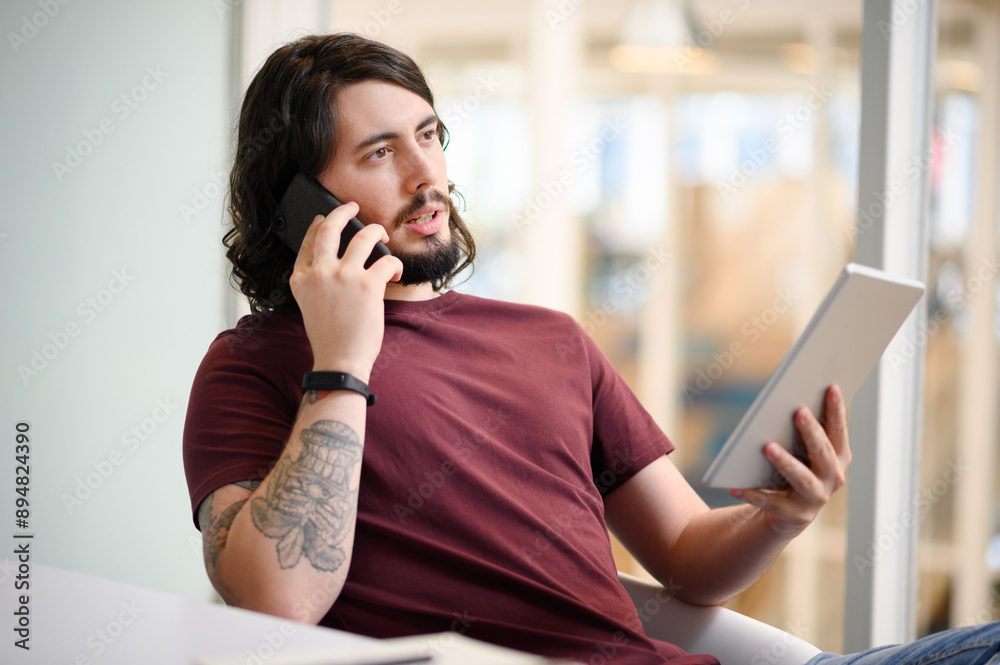 Aufkleber business, man and phone call with tablet at desk for communication, b2b networking and discussion. d
