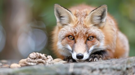 Fototapeta premium A fox, partially obscured by rocks and greenery, peers through the foliage with curiosity. The image depicts the wild and mysterious nature of forest life.
