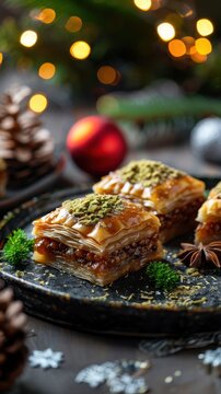 Delicious baklava drizzled with honey and topped with crushed pistachios, perfect for festive celebrations.
