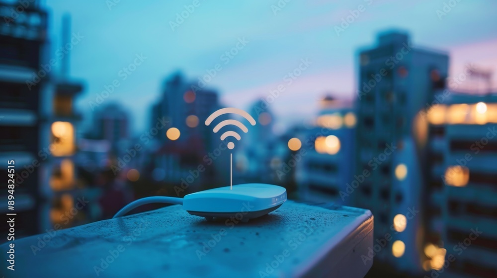 Poster close-up of a wi-fi antenna on a rooftop, transmitting signals for wireless internet access in urban