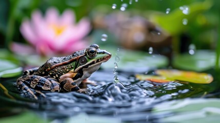 Fototapeta premium A vibrantly colored frog sits peacefully in a pond, with a beautiful pink lily in the background and clear water droplets falling, capturing the essence of nature's tranquility.