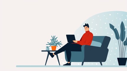 A modern man comfortably working on a laptop in a cozy living room, surrounded by plants and a stylish couch.