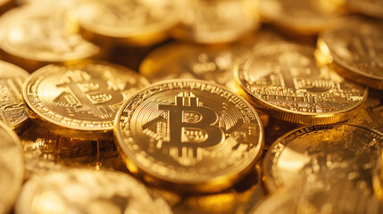 
A close-up view of numerous Bitcoin coins, which are gold-colored and bear the Bitcoin symbol. The coins are densely packed, with some overlapping others