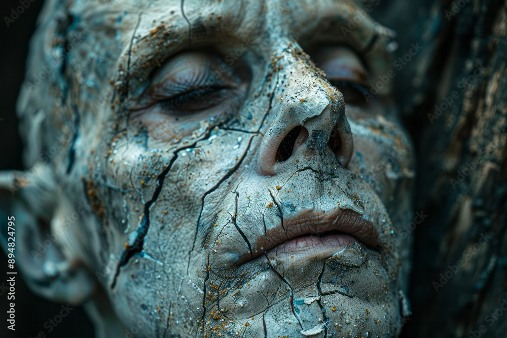 Poster an abstract image of a man's face, with his features blending into a rigid, hierarchical structure.