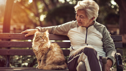 cat and grandmother take a photo together A cat who is loyal to a grandmother.