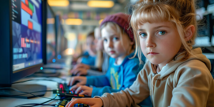 A young girl deeply engaged in her work on a computer in a classroom, with her friends visible in the blurred backdrop. For classroom concepts.