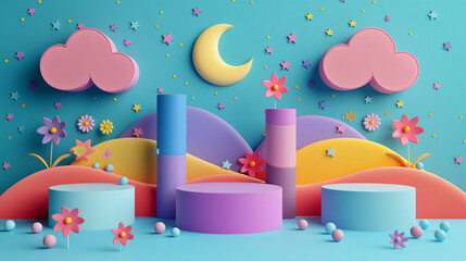 whimsical scene set against a pastel blue background. There are three cylindrical platforms in varying shades of pink and purple, positioned in front of a semi-circular hill