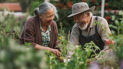Fototapeta premium Elderly Couple Gardening Together in Lush Vegetable Garden