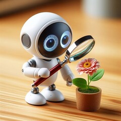 Ai robot looking at a glower through a magnifying glass