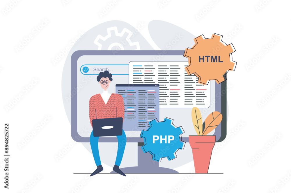 Fototapete Programmers concept in modern flat design for web. Man developer working with code at laptop and computer screen, creating programs, engineering software and new products. Vector illustration.