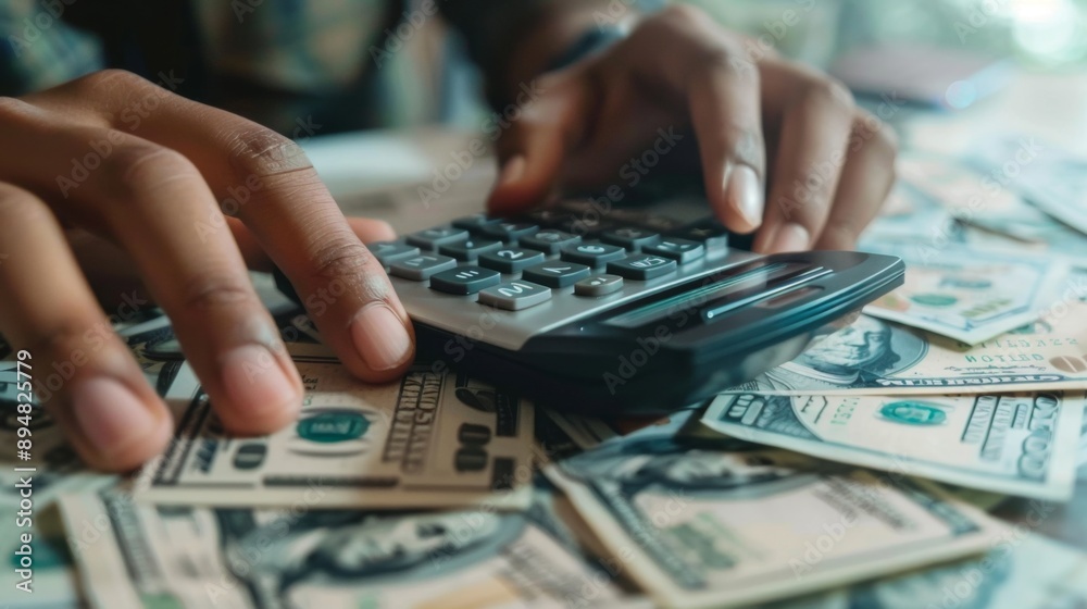 Aufkleber close-up of hands counting money with a calculator, calculating profits and financial gains.