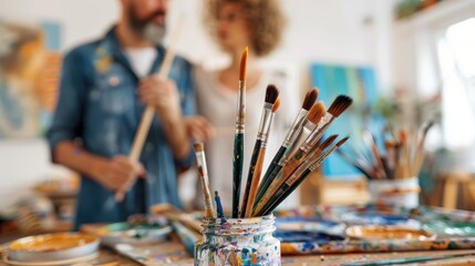 Fototapeta premium A beautifully framed shot showing a jar of paintbrushes in the foreground and two artists engaging in a creative activity in a lively art studio filled with paintings and supplies.