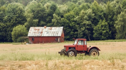 Fototapeta premium A red tractor in a field next to a rustic barn, surrounded by lush trees and the beauty of rural landscape.
