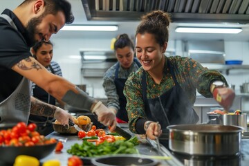 Inclusive cooking class with diverse participants enjoying meal preparation