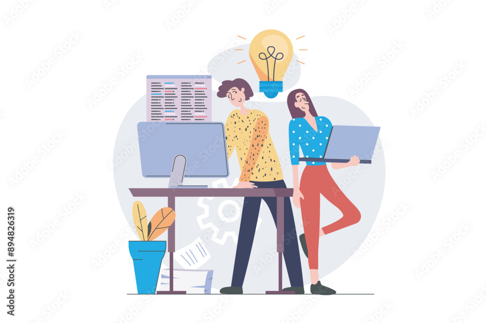 Aufkleber Programmers concept in modern flat design for web. Developers team working with code at laptop and computer, brainstorming and creating programs and software, improving products. Vector illustration.