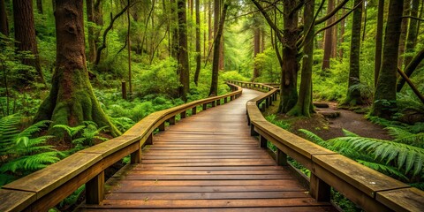 Obraz premium Wooden path trail winding through lush forest for nature trekking, nature, trekking, hiking, trail, wooden, path, forest