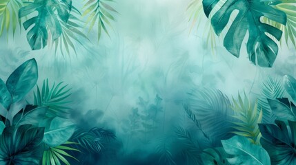 A serene and lush tropical background featuring vibrant green leaves and a soft mist, perfect for nature-themed projects.