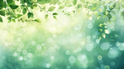 Fototapeta premium A serene background featuring soft green leaves and blurred bokeh lights, ideal for nature-themed designs and calming atmospheres.