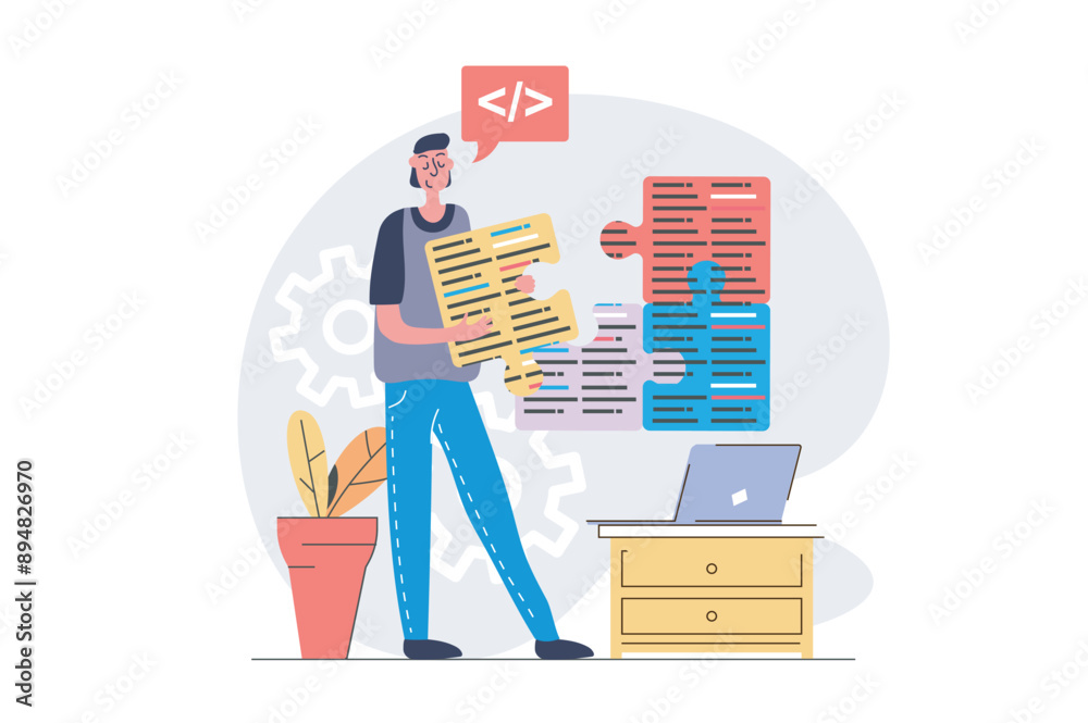 Leinwandbilder Programmers concept in modern flat design for web. Developer working with program code at laptop, engineering and improving products, brainstorming and finding best solutions. Vector illustration.