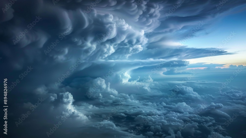 Poster cumulonimbus clouds with an anvil shape, stretching high into the atmosphere during a summer storm.