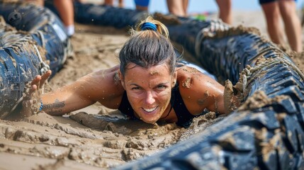 A determined woman participating in a tough mud obstacle race crawls through muddy terrain, showcasing her strength, resilience, and competitive spirit amidst a challenging environment.