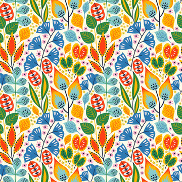 Floral seamless pattern on white. Vector Illustration. Abstract background with flowers and leaves. Natural bright design.