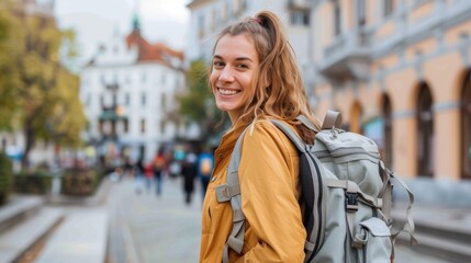 Obraz premium A cheerful woman, equipped with a backpack and dressed in a casual jacket, smiles as she enjoys exploring the urban streets, ready for her next adventure and creating new memories.
