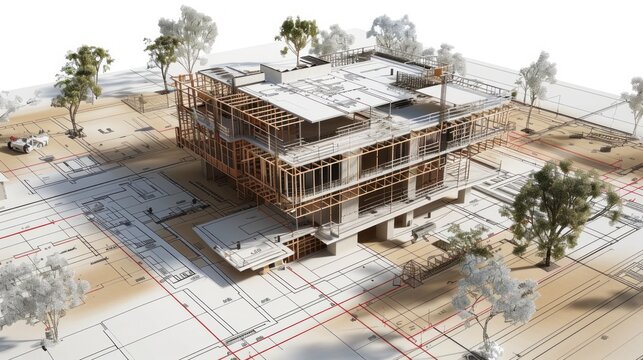 Generate a photo realistic image of a construction project featuring detailed project financials with cost estimation sheets and budget outlines; ensure the image is of high resolution 