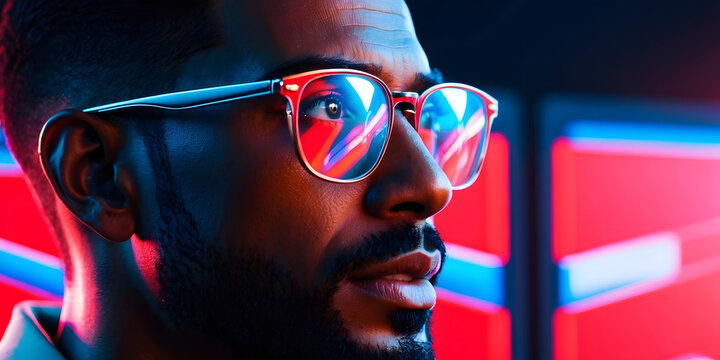 AI cyber security threat analyst illustration, black african american IT specialist, artificial intelligence technology collage. data analytics, digital technology and night overlay. Research