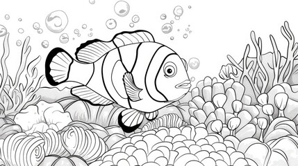 Clown fish under the sea, cartoon lines, white background with coral as an element used for coloring. Generative Ai