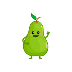 Cute happy smiling green pear. Flat cartoon fruit isolated on white. Illustration for kids, magazins, menu, market, cards. 