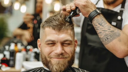 A bearded man smiles happily while getting a haircut in a barber shop, with the barber using clippers, demonstrating themes of grooming and self-care.