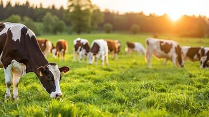 Obraz premium A serene landscape featuring cows grazing in a lush green meadow at sunset, showcasing the beauty of rural life.