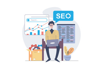 SEO optimization concept in modern flat design for web. Man analyzing engine search data and improving internet page traffic, making settings and working with analytics report. Vector illustration.