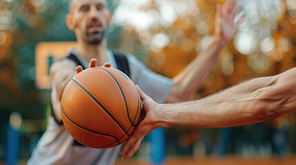 Two men intensely playing basketball outdoors, focusing on the ball as one player reaches to pass it, with a background of trees and an orange sunset sky.