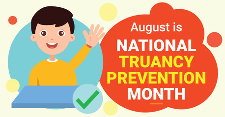 National truancy prevention month. Observed in August. School child sitting at desk with hand raised. Attendance awareness concept
