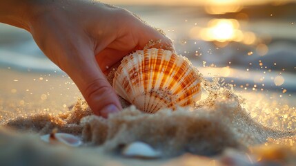 Seashell in Hand, A hand slowly sifting through sand to pick up a seashell, symbolizing discovery and the treasures of the sea
